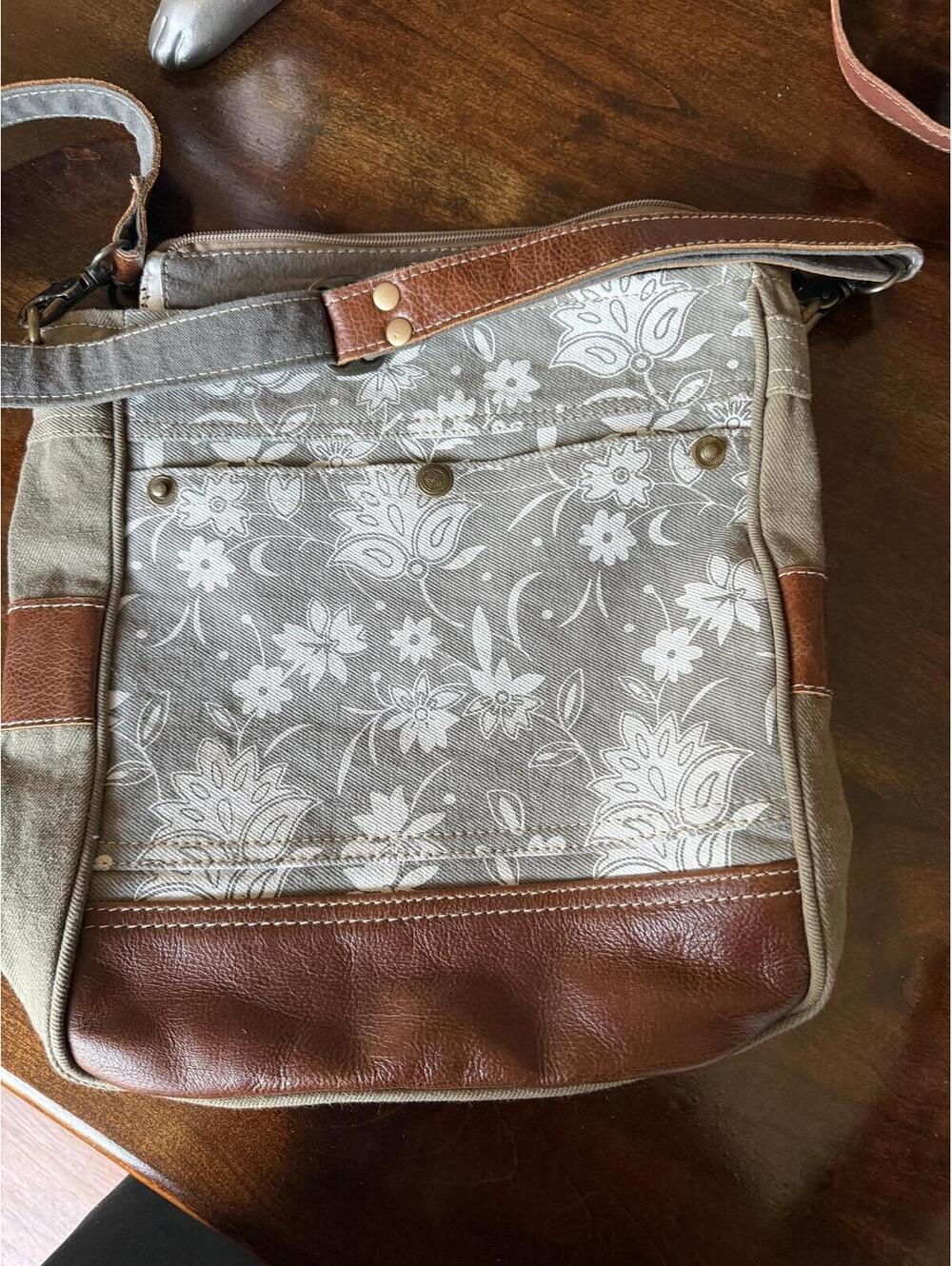 Myra Bag Gray Floral Canvas Crossbody Messenger Bag with Brown Faux Leather Trim